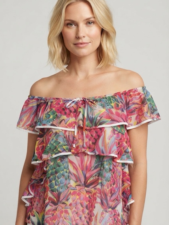 J. Crew Tops - J. Crew Ruffle Top Pink Off-Shoulder Tropical Pineapple Print Top Cotton Size 12